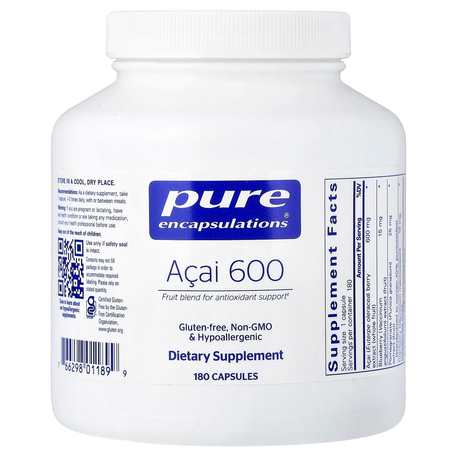 Pure Encapsulations, Açai 600, 180 Capsules UPC 766298011899 | Hilife Vitamins
